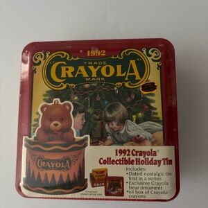 1992 Crayola Crayon collectible holiday tin, crayons and ornament.